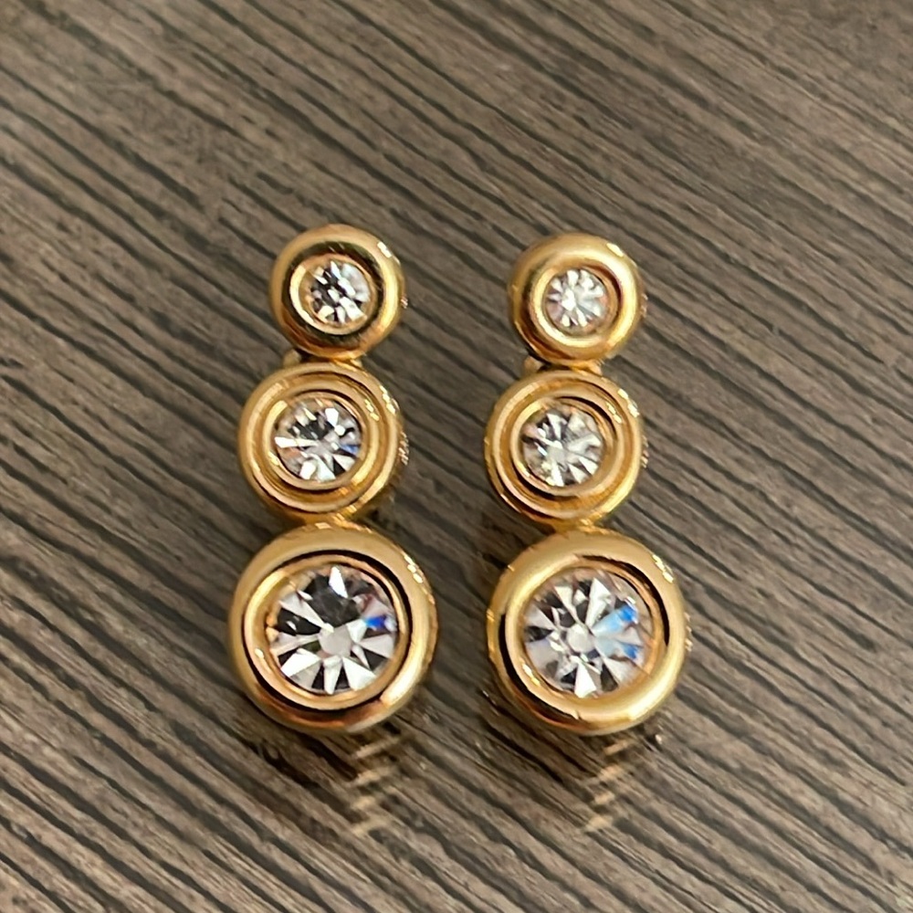 Vintage Swarovski Crystal Three Stone Drop Earrings, Gold-tone - Picture 2 of 16